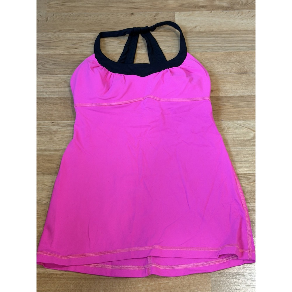 Lululemon Hot Pink Black Racerback Tank Top Built In Bra Yoga Athletic Womens